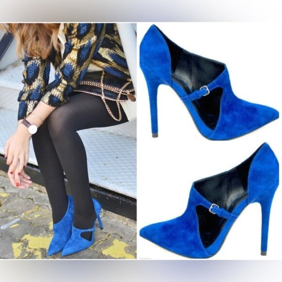 ZARA Blue High Heel Suede Leather Pointed Toe Bootie Pumps EUR 37 - Picture 1 of 13